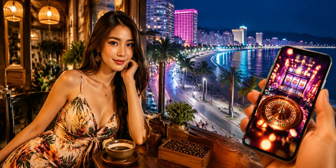 Người dùng chơi casino trên điện thoại tại Nha Trang bên ly cà phê